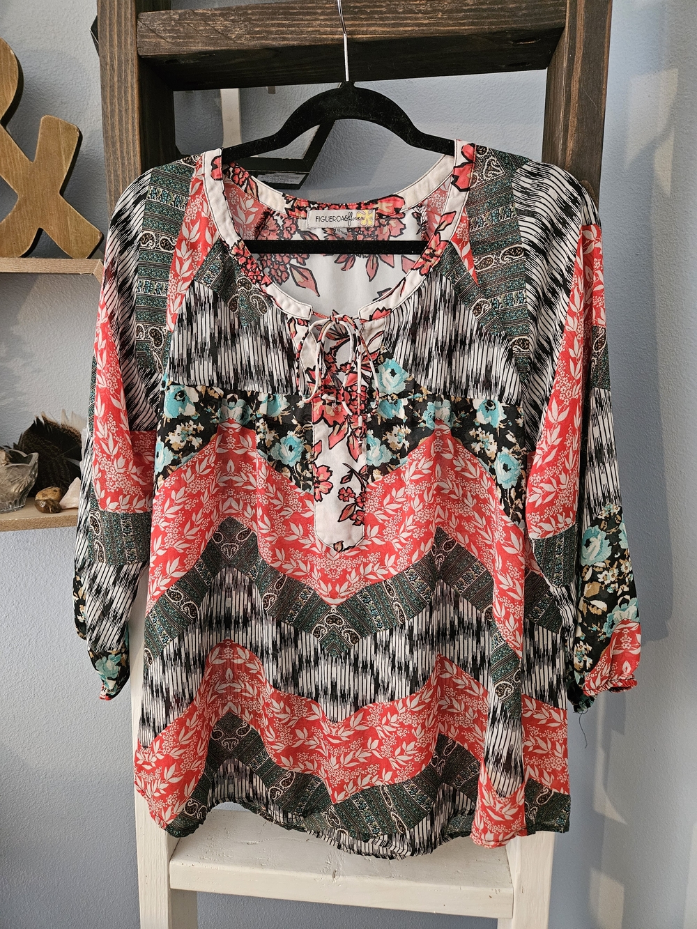 Mixed Print Coral-Pink Floral Peasant Blouse Size Large